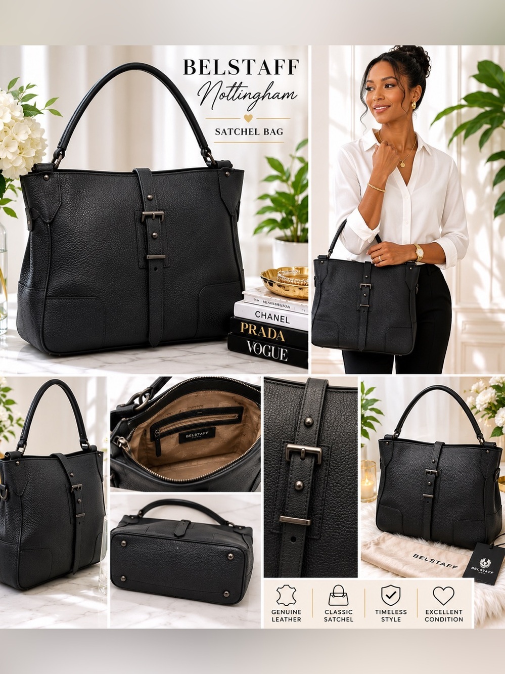 BELSTAFF Nottingham 38 Black Pebbled Leather Double Handle Leather Satchel Bag